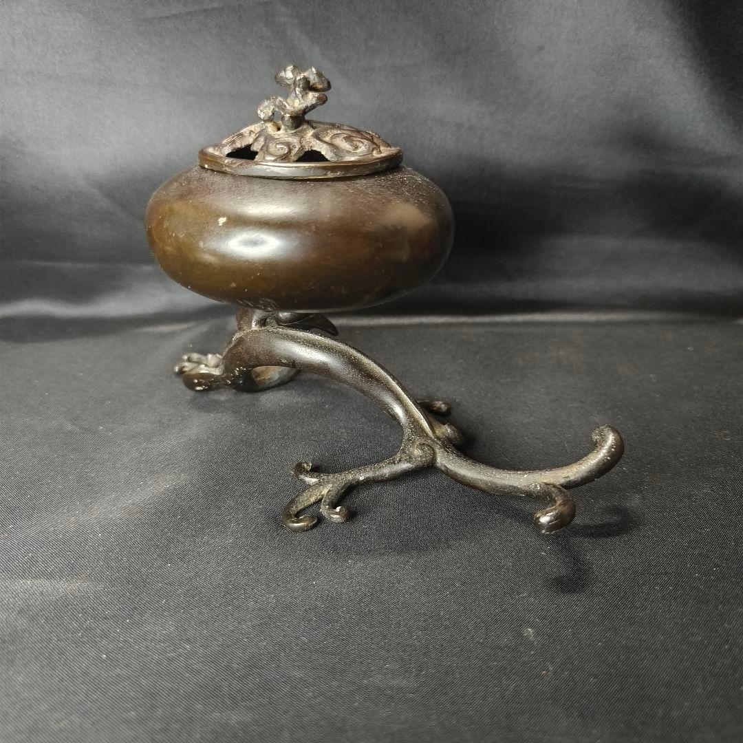茶道具 茶香炉 唐銅置物 中国骨董 盤竜座 祥雲霊芝蓋 古美術 コレクター放出