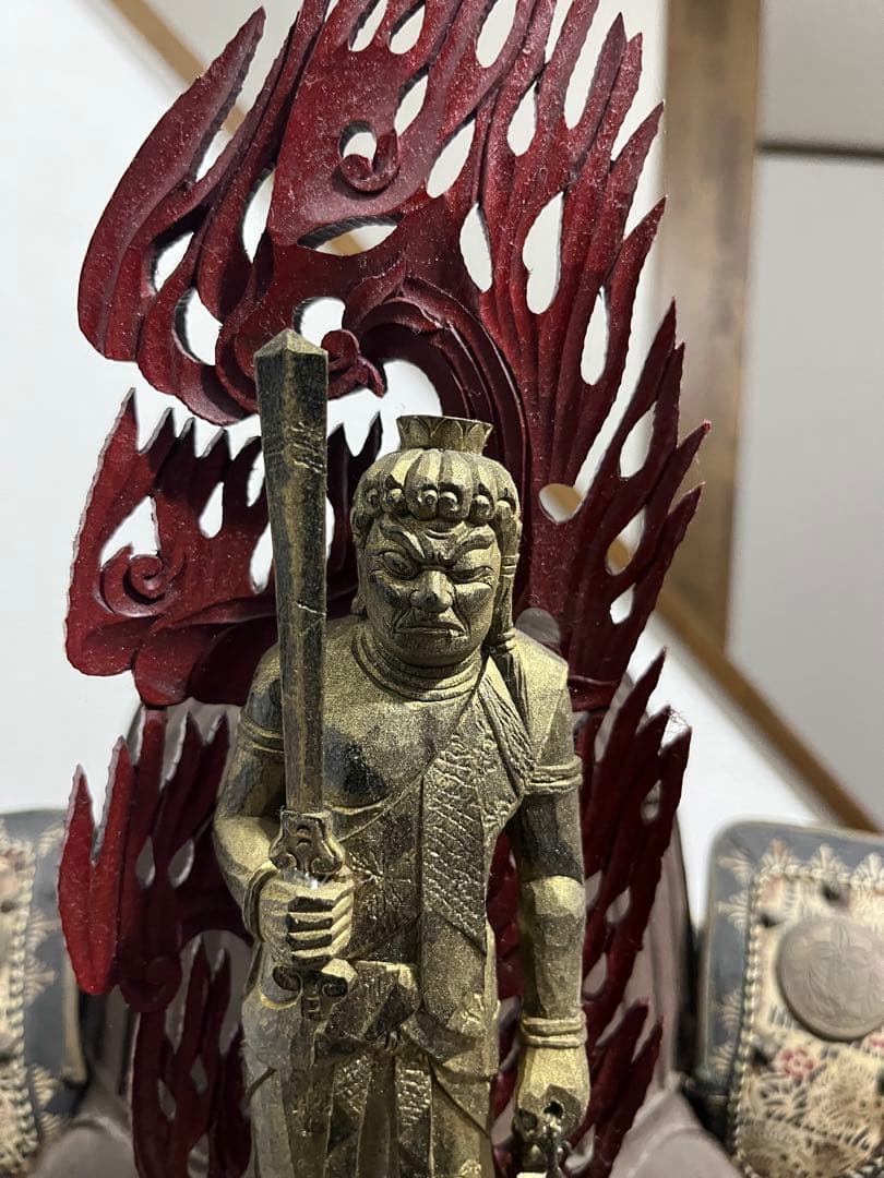 不動明王、炎、最高傑作品、木彫、前立のみ武具甲冑兜戦国時代侍サムライ