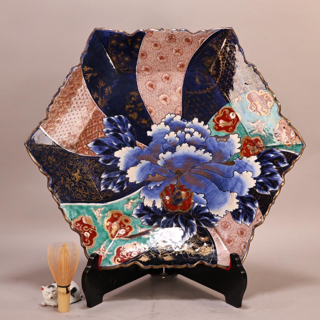 BK301　明治期　古伊万里　色絵小紋芍薬図　六角　大皿　大日本 肥蝶山 乃口製