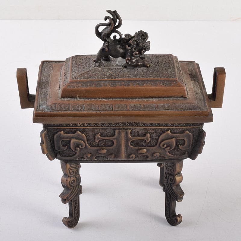 高岡銅器　米田陵山作　鋳銅　獅子摘　四方香炉　鼎　M　R7650