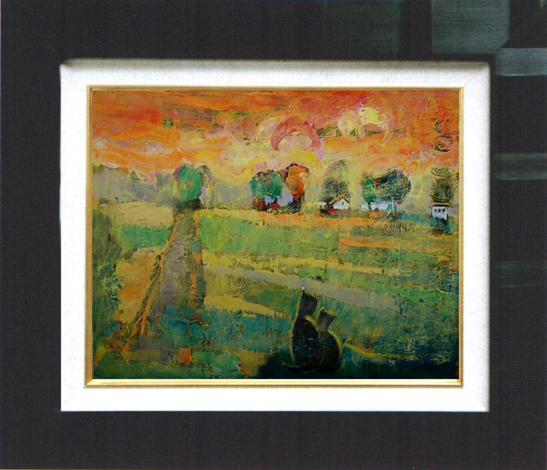油絵 菅家令子 絵 絵画インテリア額付(白) uF6-070919夕朝陽 猫親子
