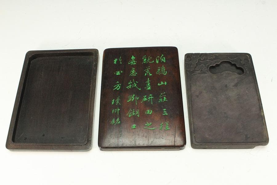 中国美術 端渓 刻霊芝 紫檀 題詞 箱 文房四宝(K-XA666)