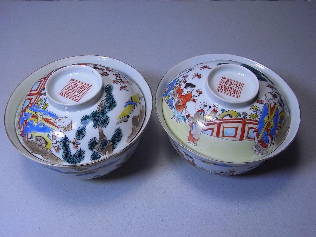 中国色絵蓋茶碗　大清乾隆  2客