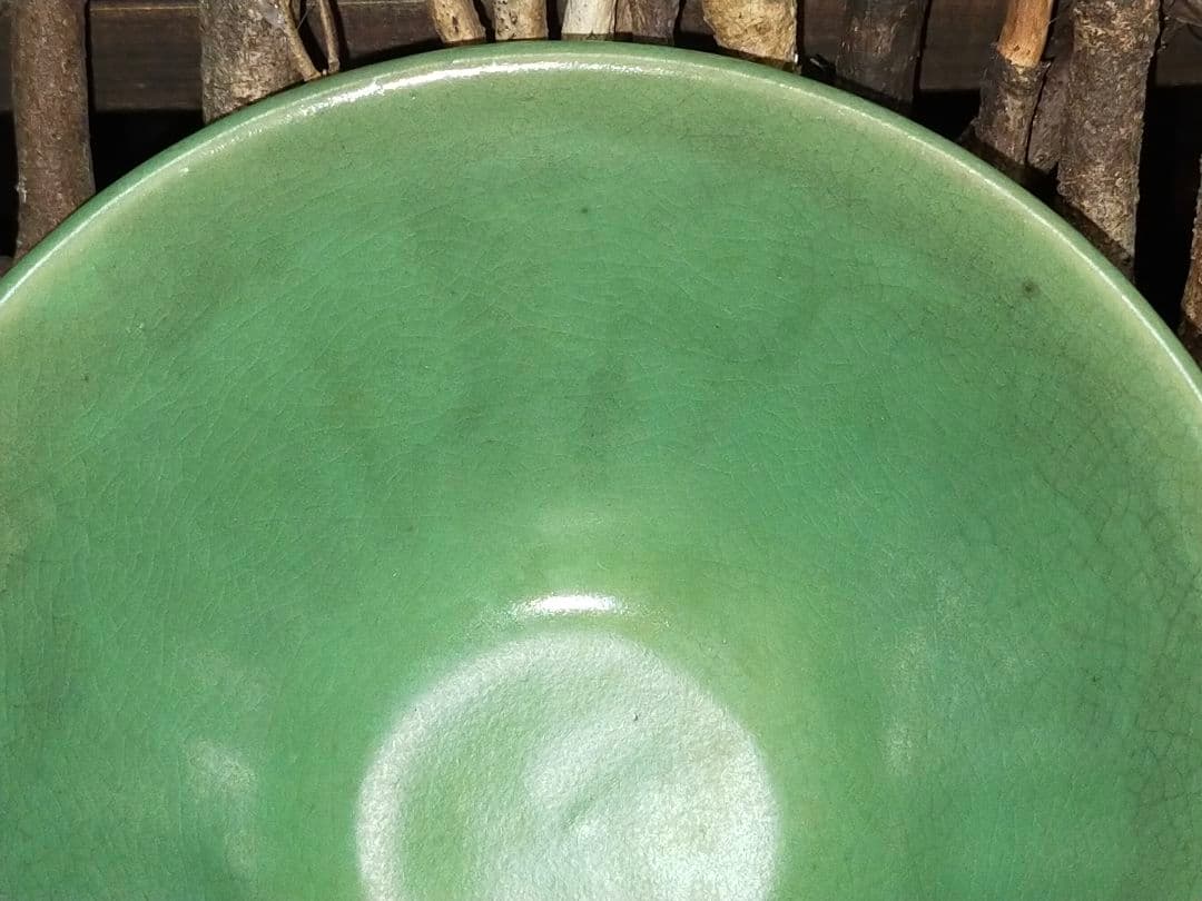 ♥茶碗　緑釉　無銘　桐箱付き　茶道具　骨董　古玩