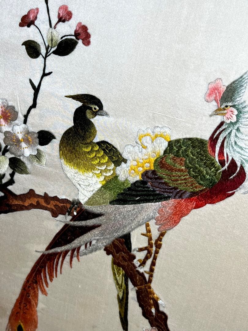 レア　希少【湘繍】ヴィンテージ 刺繍額 中国画 美術品 古美術　ガラス額　花鳥図