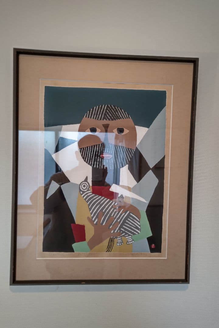 畦地梅太郎、鳥をかかえて,版画