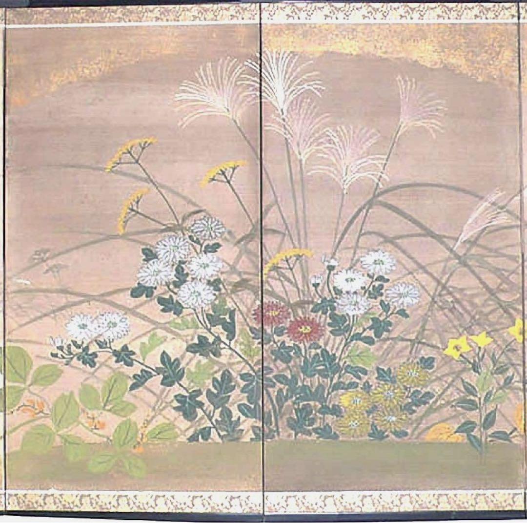 四つ折り屏風　日本画　和紙に金粉彩色　秋草(ハギ・ススキ)