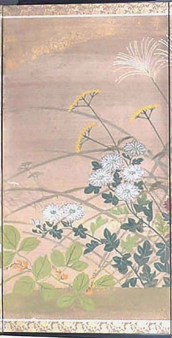 四つ折り屏風　日本画　和紙に金粉彩色　秋草(ハギ・ススキ)