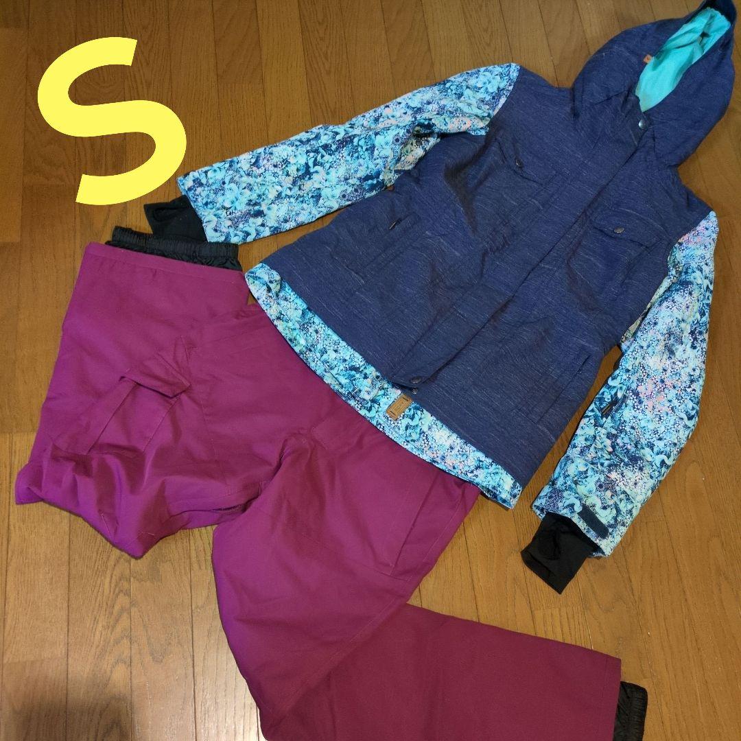 【美品】ROXY　スノボウェア　上下セット　総柄　デニム風　ワインレッド　Ｓ