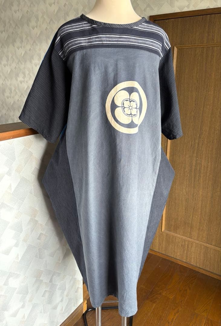 家紋　大幕　風呂敷　ドロップポケットワンピース　前後同型　藍染木綿