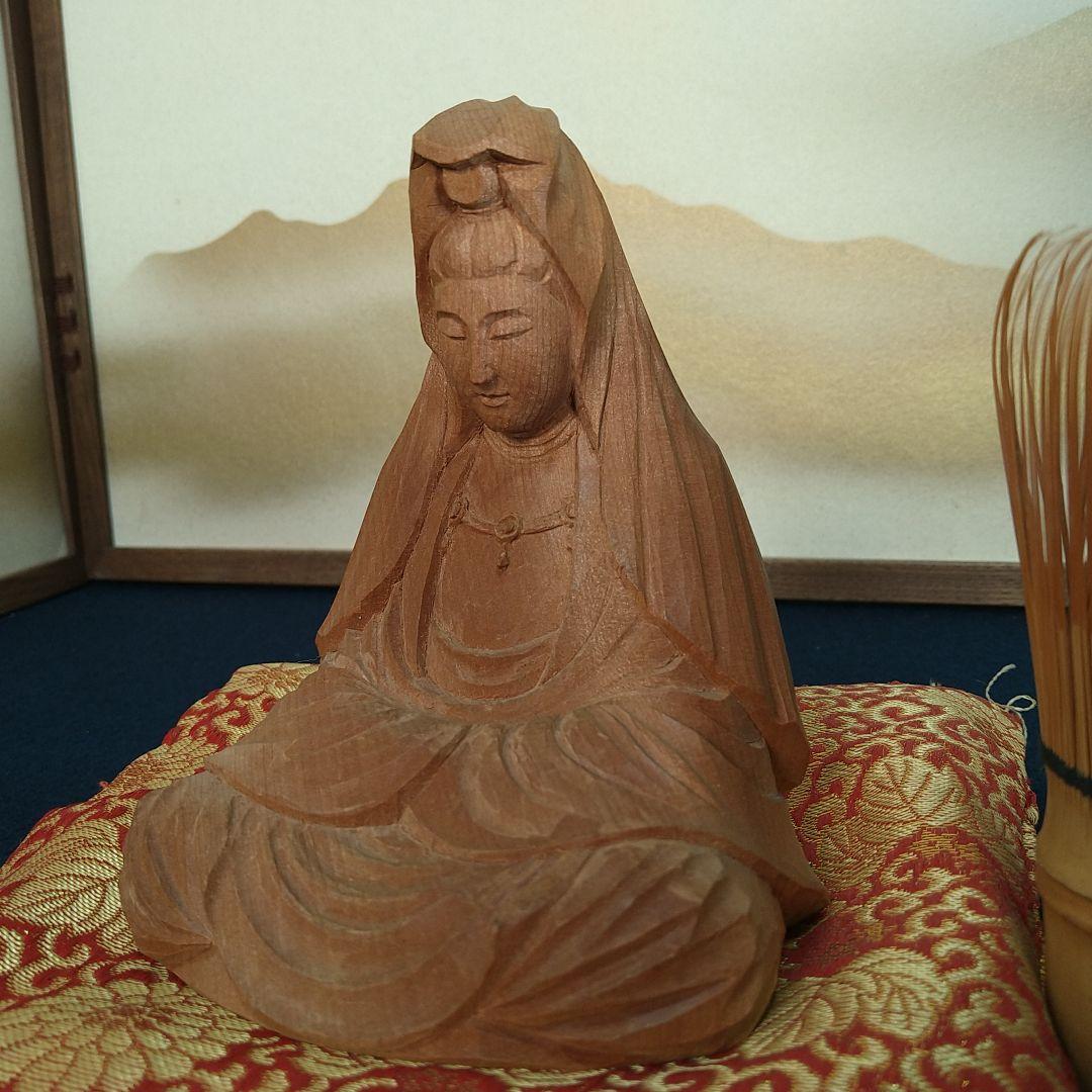 AC94 得地秀生作 白衣観音菩薩 木彫 共箱 共布 略歴付 富山県福光生 美品