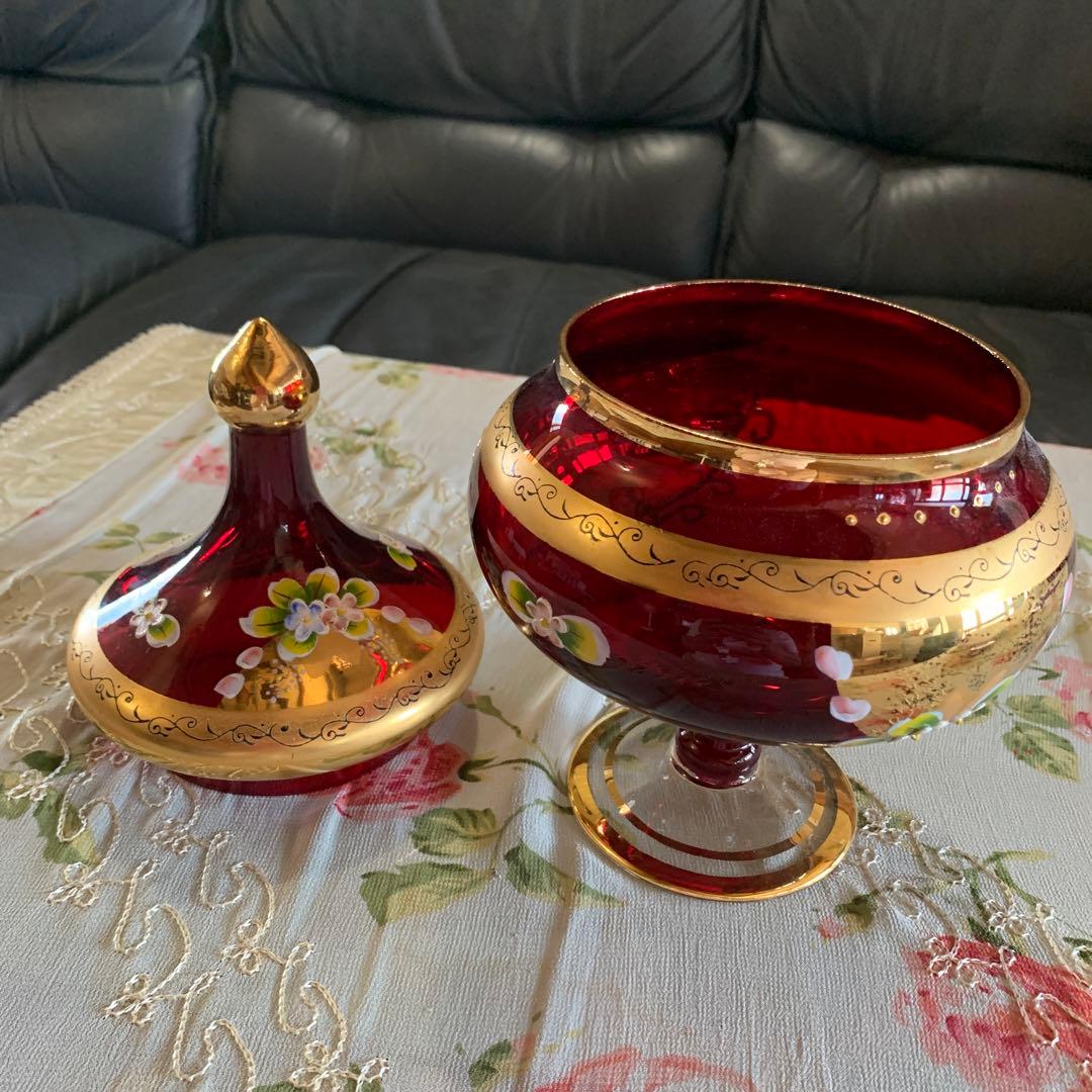 【ベネチアングラス】赤金彩美しいキャンディポット　アンティーク　ガラス工芸品