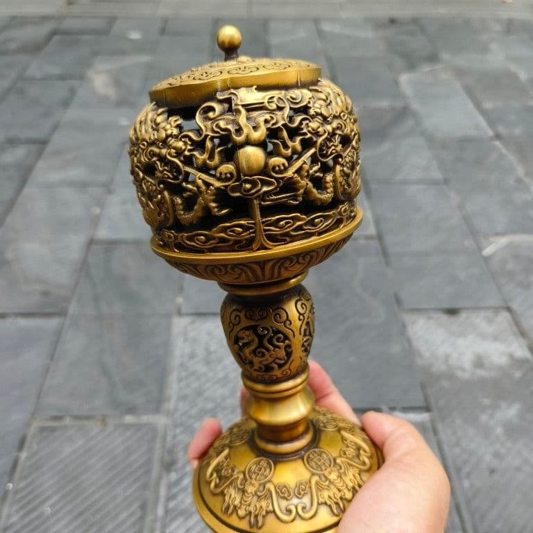 銅 細工 透かし彫り 双龍香炉 銅香炉 仏具 茶道具 香道具 工芸品 置物