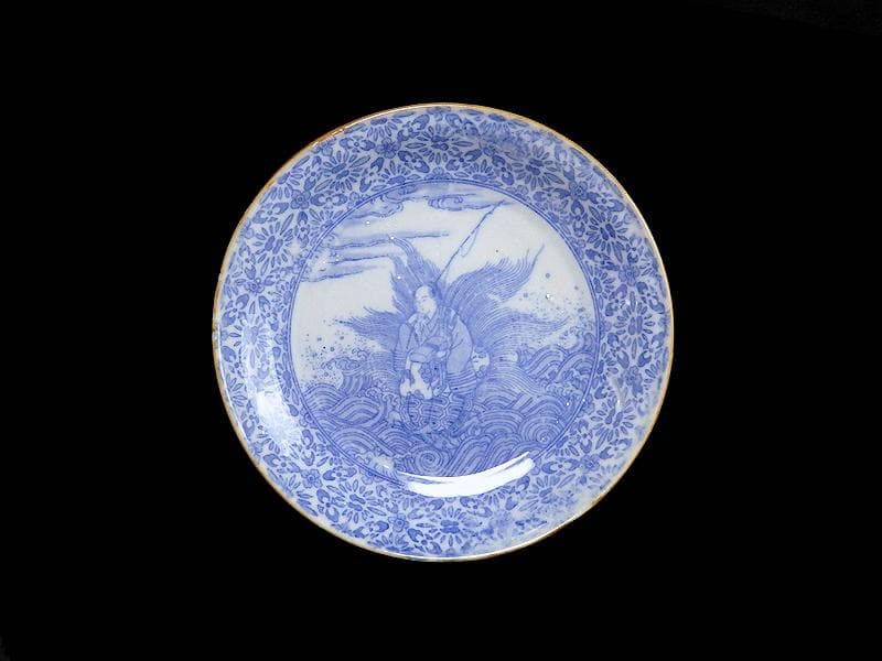 伊万里　染付　型刷印判　浦島太郎の図　６寸皿　S317 AS-fbpp