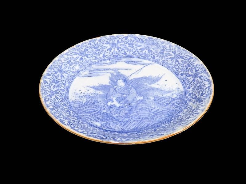 伊万里　染付　型刷印判　浦島太郎の図　６寸皿　S317 AS-fbpp