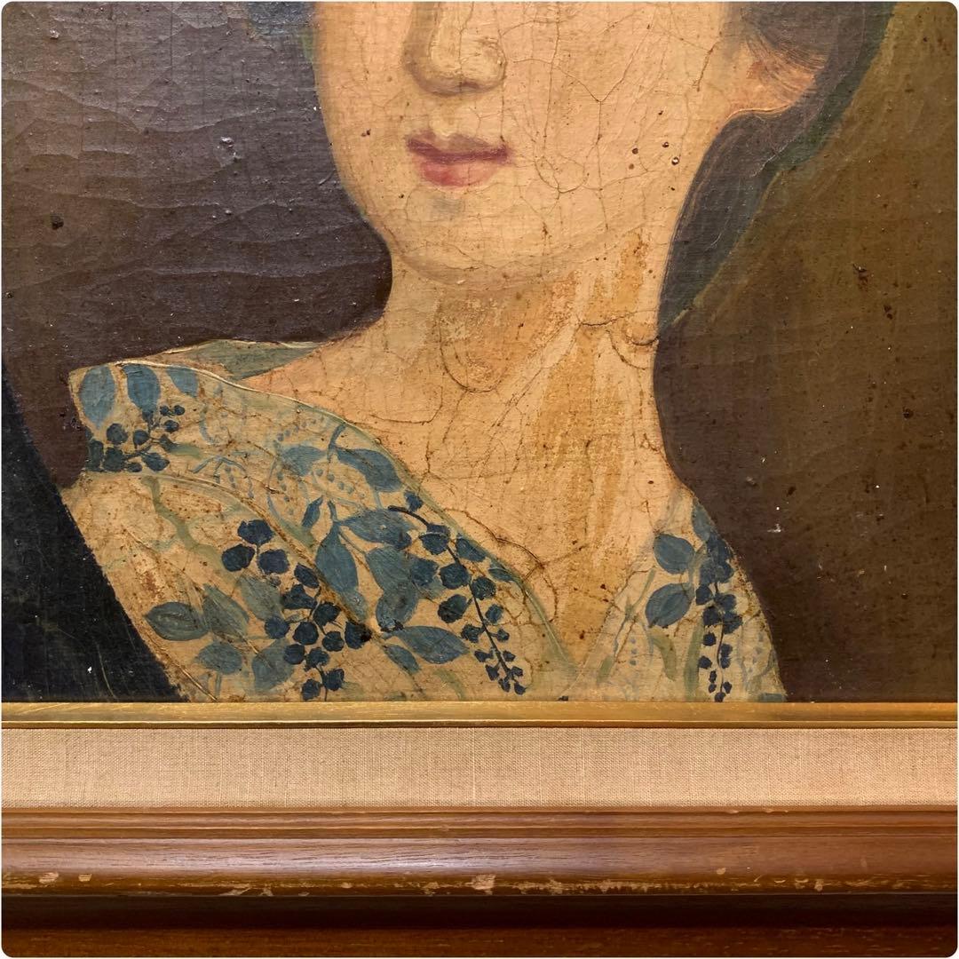超希少　第一回文化勲章　鑑定書有り　岡田三郎助　油彩肉筆画　F8当時物　円窓少女
