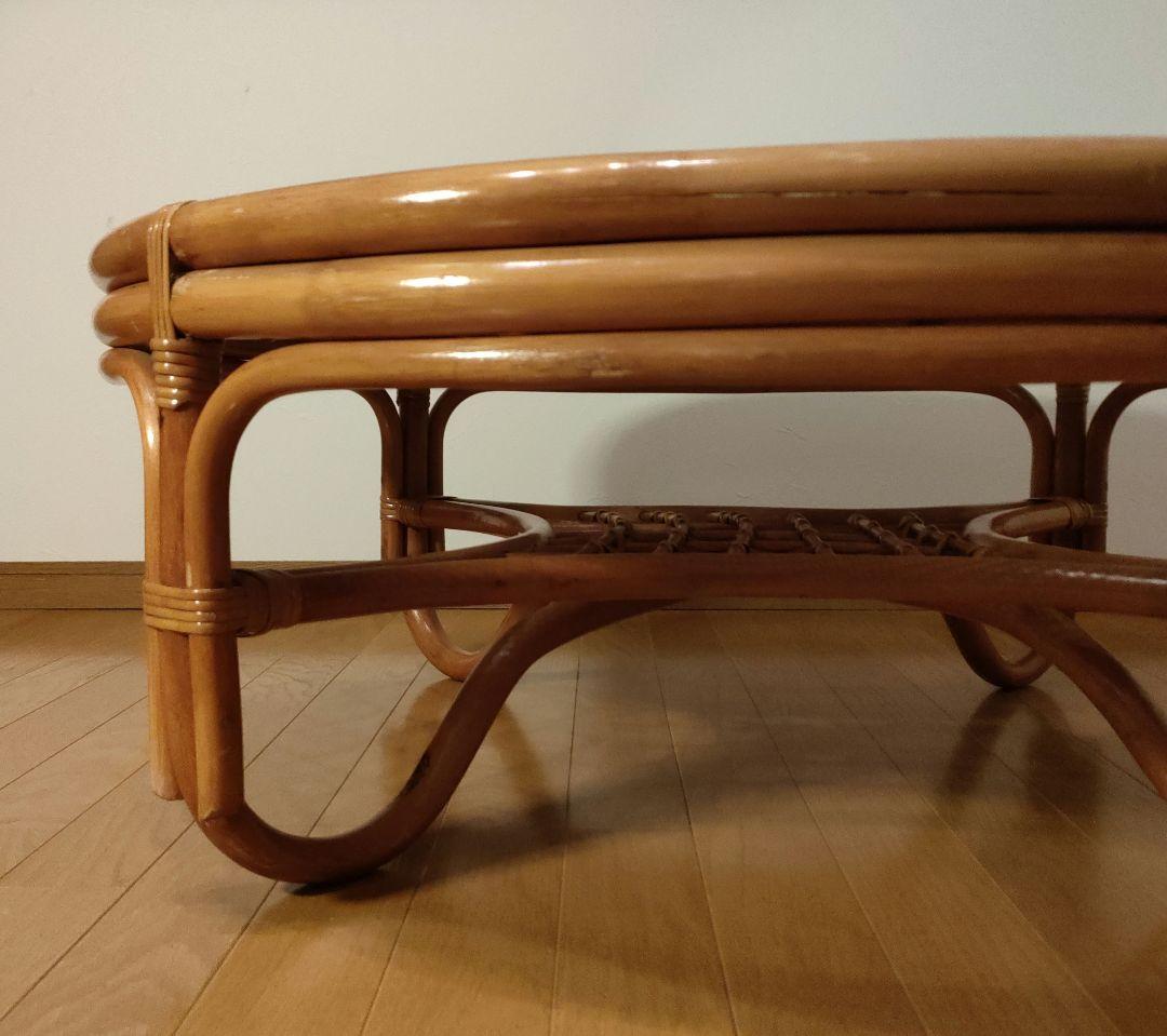 ラタン 藤 ガラス天板 丸テーブル 座卓 レトロ モダン 直径約90cm