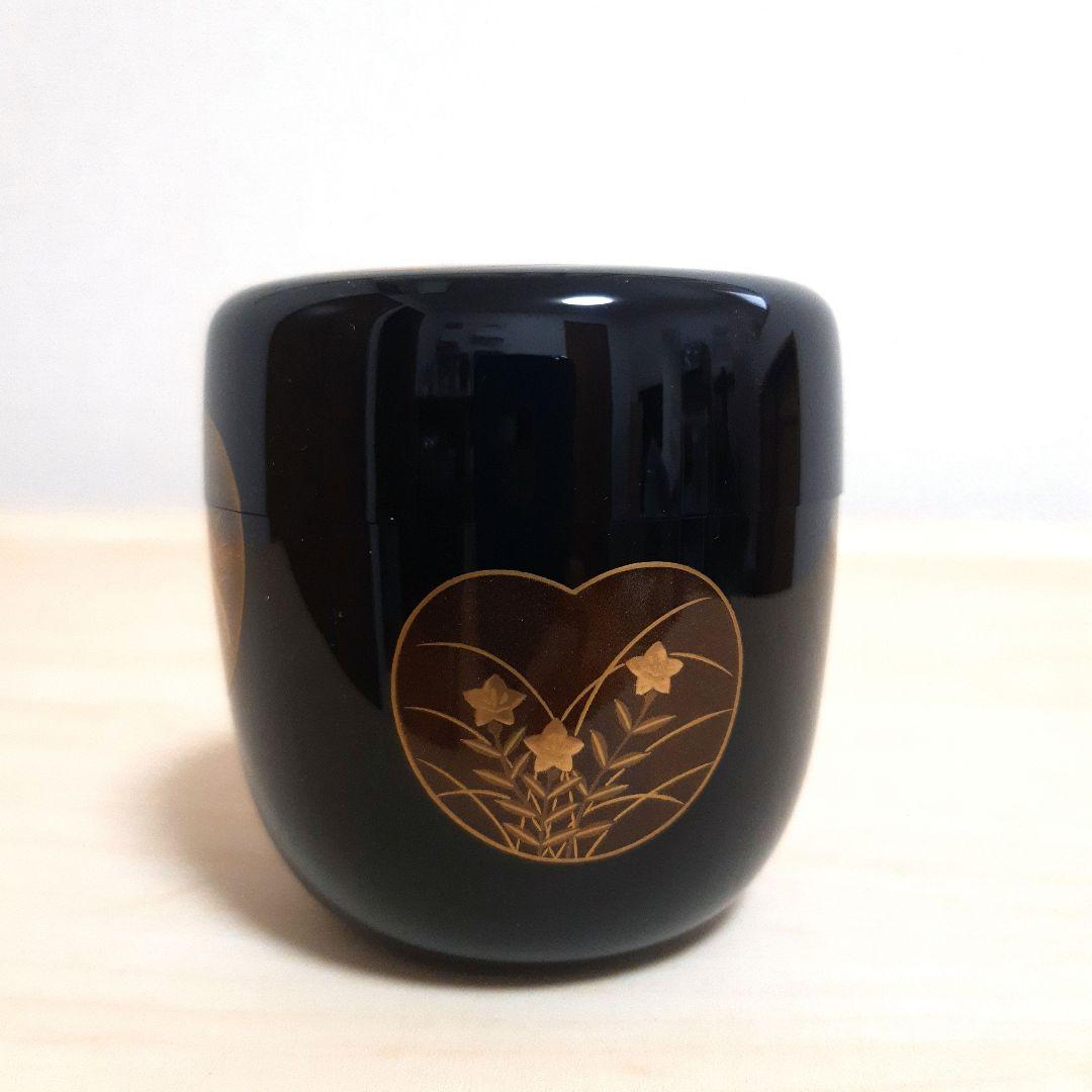 ◆大棗 ◆団扇蒔絵◆竹内幸斎作◆新品◆金箔、螺鈿装飾の黒漆棗 木箱付き