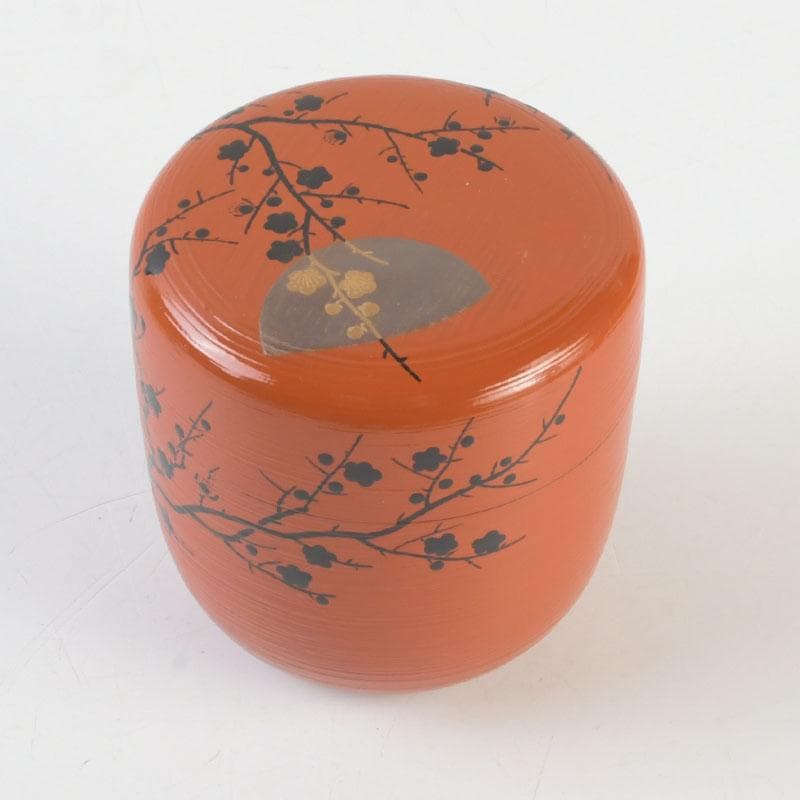 茶道具　山中塗　道場宗廣作　朱刷毛目　梅月蒔絵　大棗　共箱　V　9836