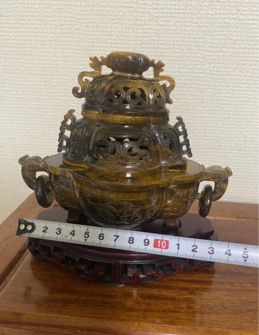中国古美術  天然琥目石香炉  唐木台  古玩