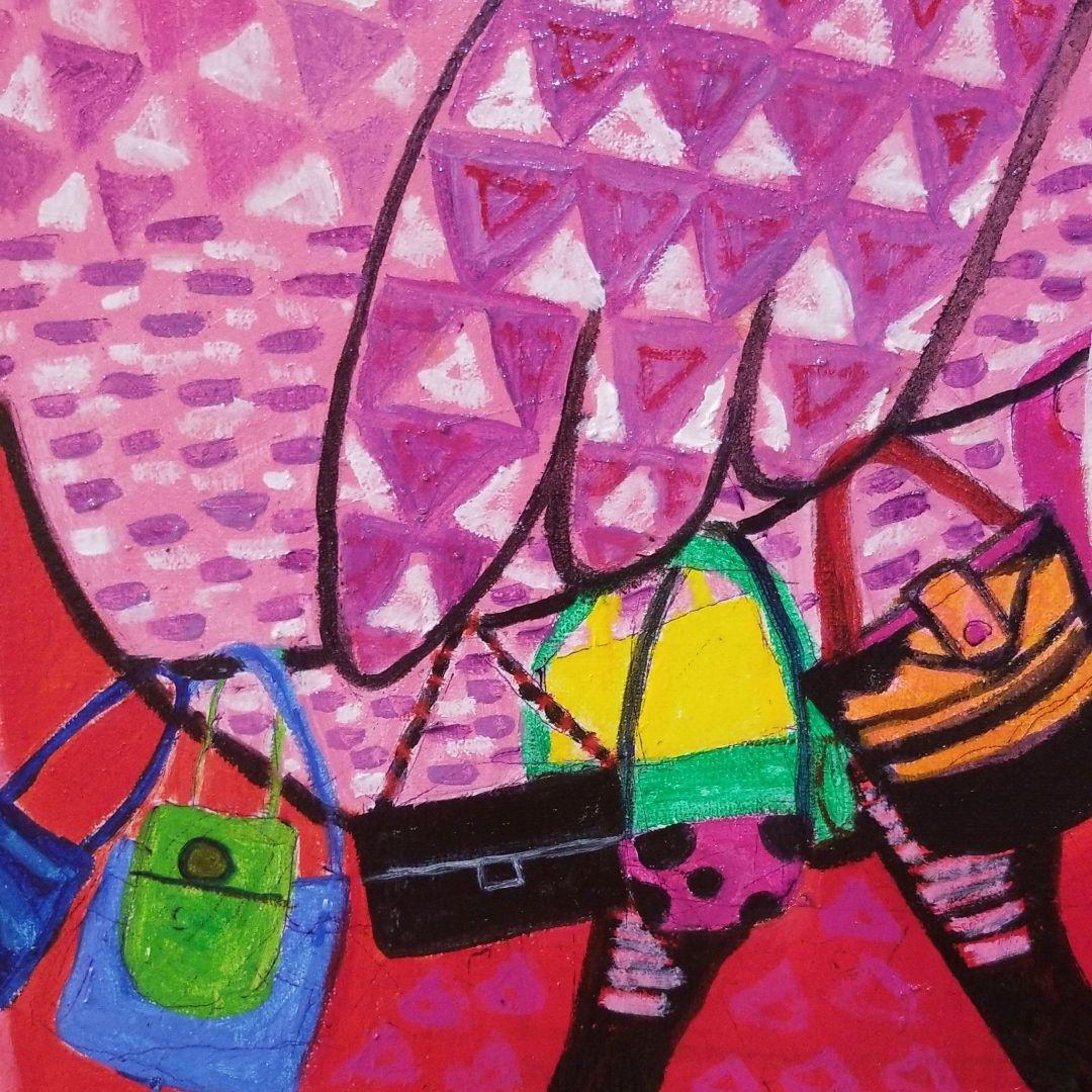 油絵　専用　バッグをたくさん持つ鳥