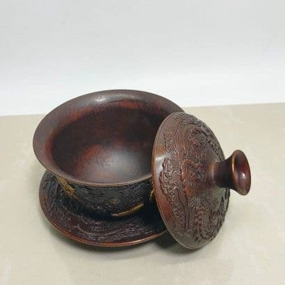 銅器 中国茶器 龍鳳呈祥銅鎏金三才蓋碗 茶碗 カップ 工芸品 置物
