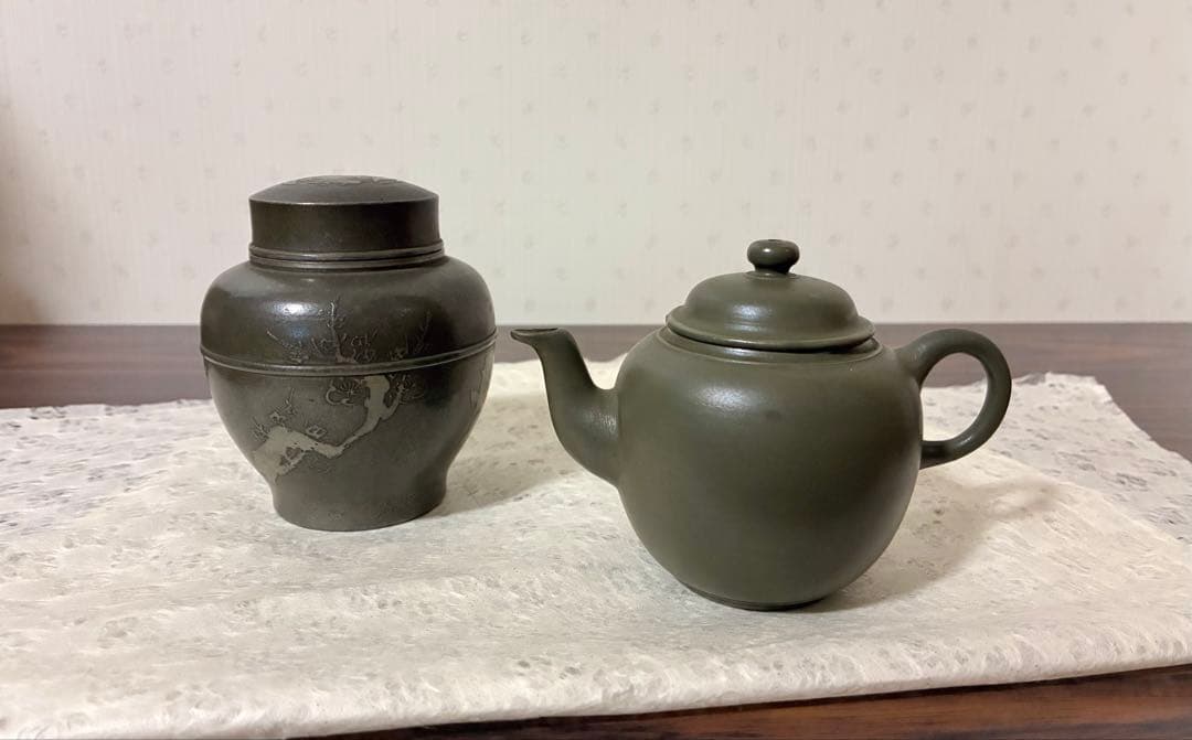 錫製茶入と陶器製急須セット ダークグリーン 茶道具 茶器 骨董品
