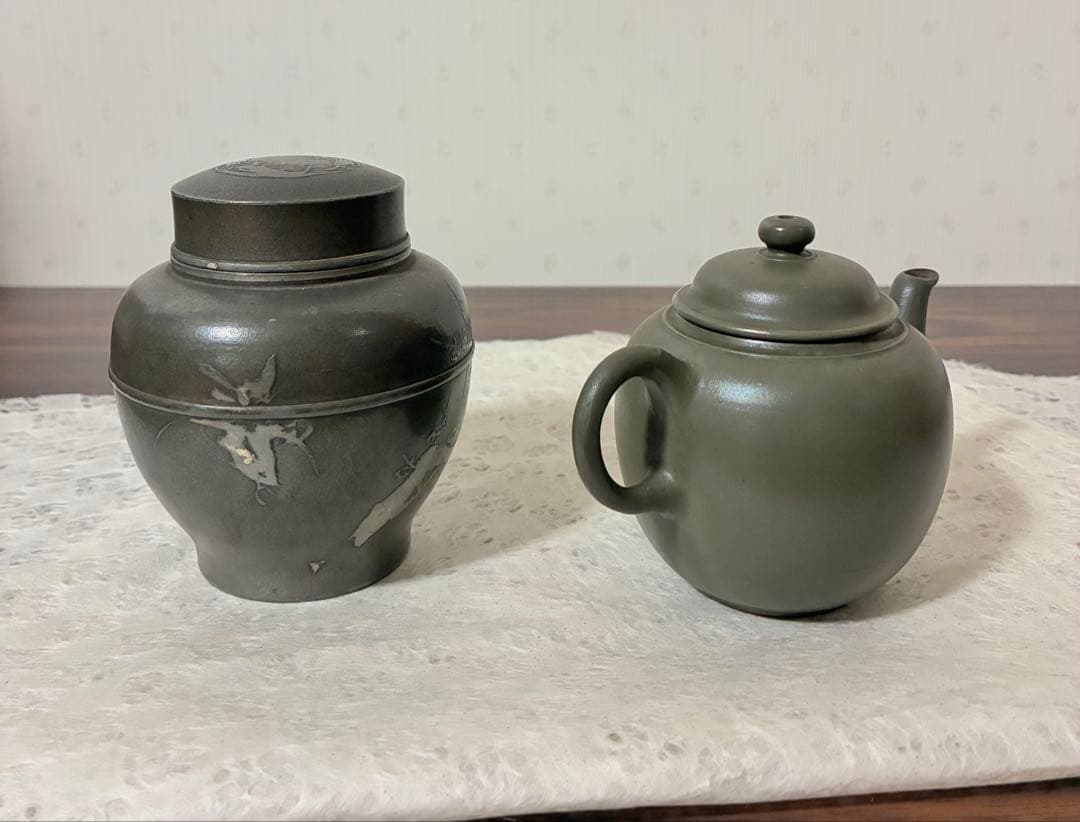 錫製茶入と陶器製急須セット ダークグリーン 茶道具 茶器 骨董品