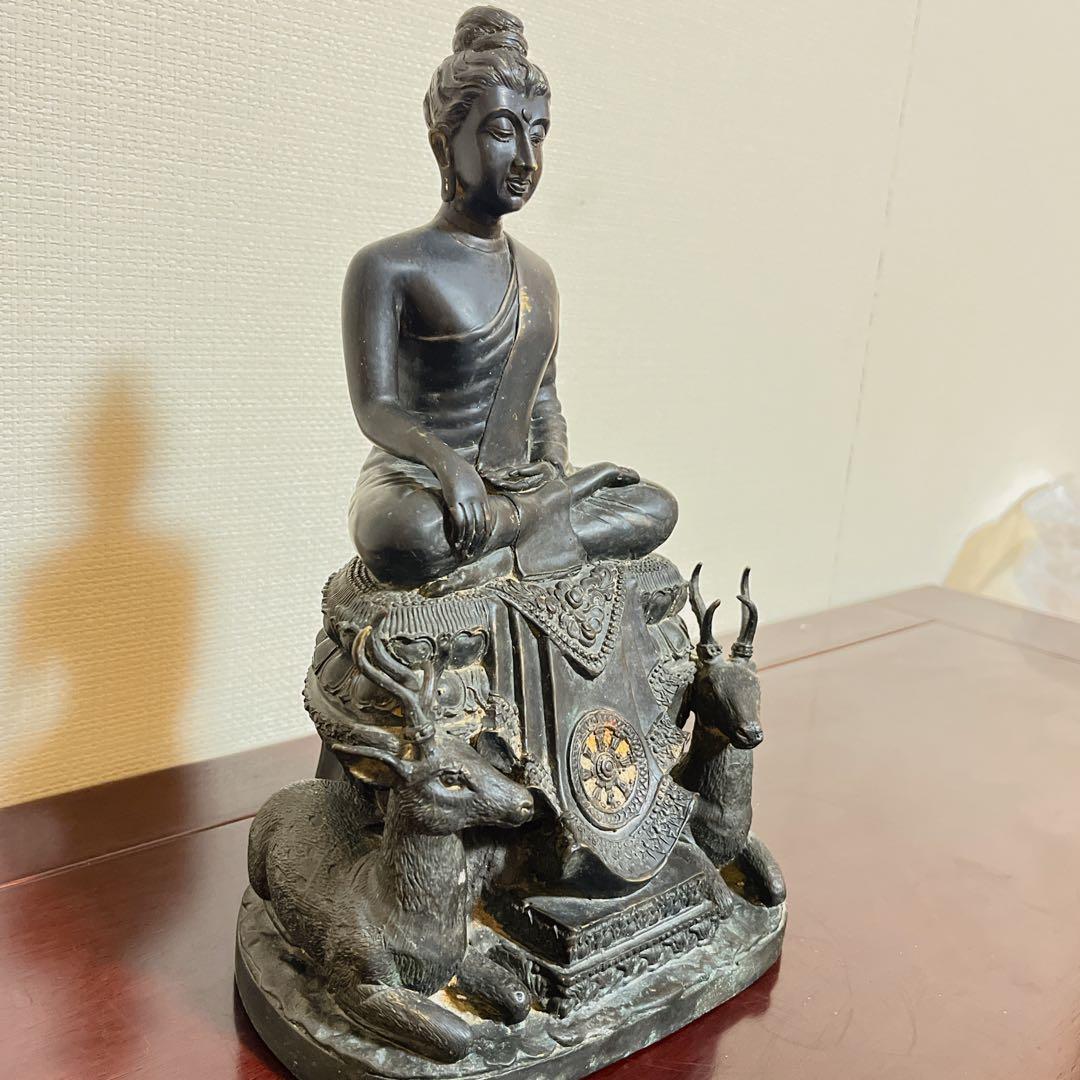 【希少】釈迦如来坐像 初転法輪 鹿野苑 仏像 青銅調 骨董 縁起物 オブジェ