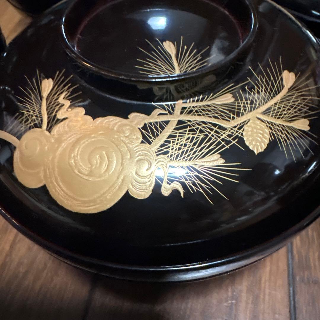 特別出品　アンティーク　蒔絵が素敵な漆器椀五客セット　松と宝珠　お殿様　煮物椀