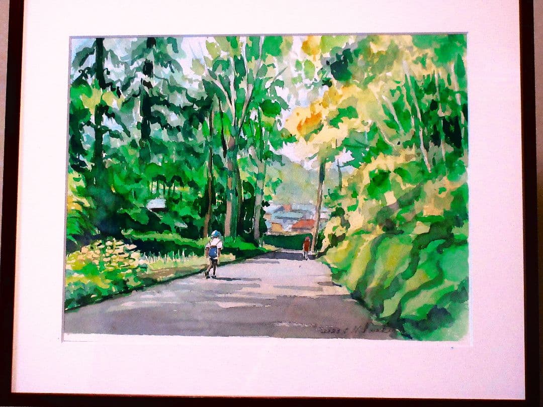 水彩画 .風景画 緑色系.額縁付き原画