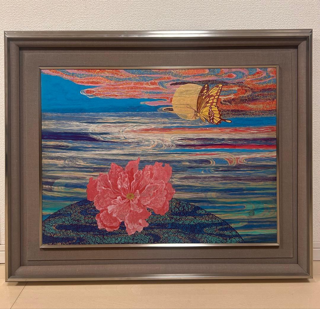 現代アート　花と蝶　油彩画　石黒直子　送料込み1202