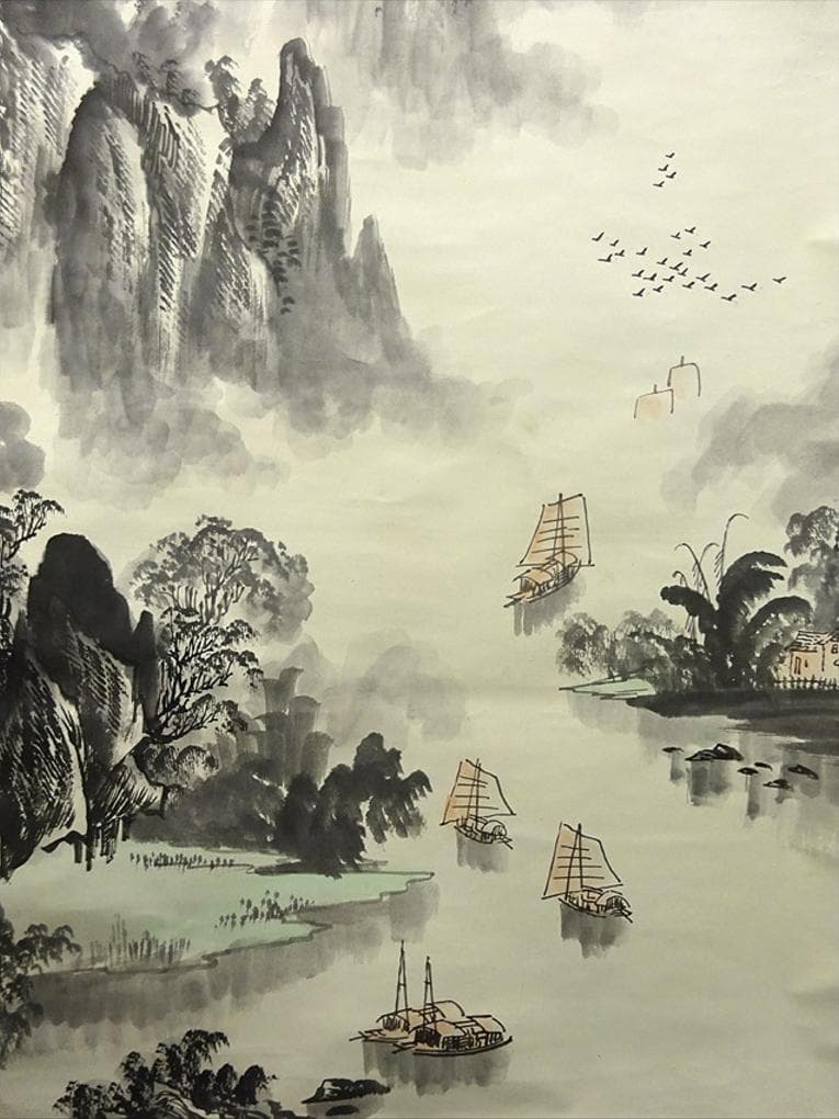 大幅掛軸 羅正義『灕江奇峰天下秀』中国画 紙本肉筆 箱付 掛け軸 a061011