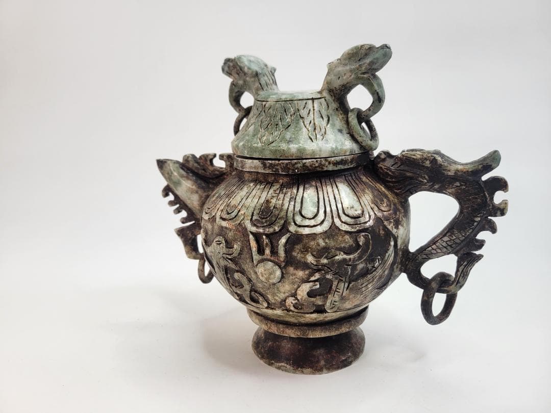 玉石製　玉彫 獣尊酒器 時代物 極細工 手彫り 置物 賞物 中国古美術 蔵出