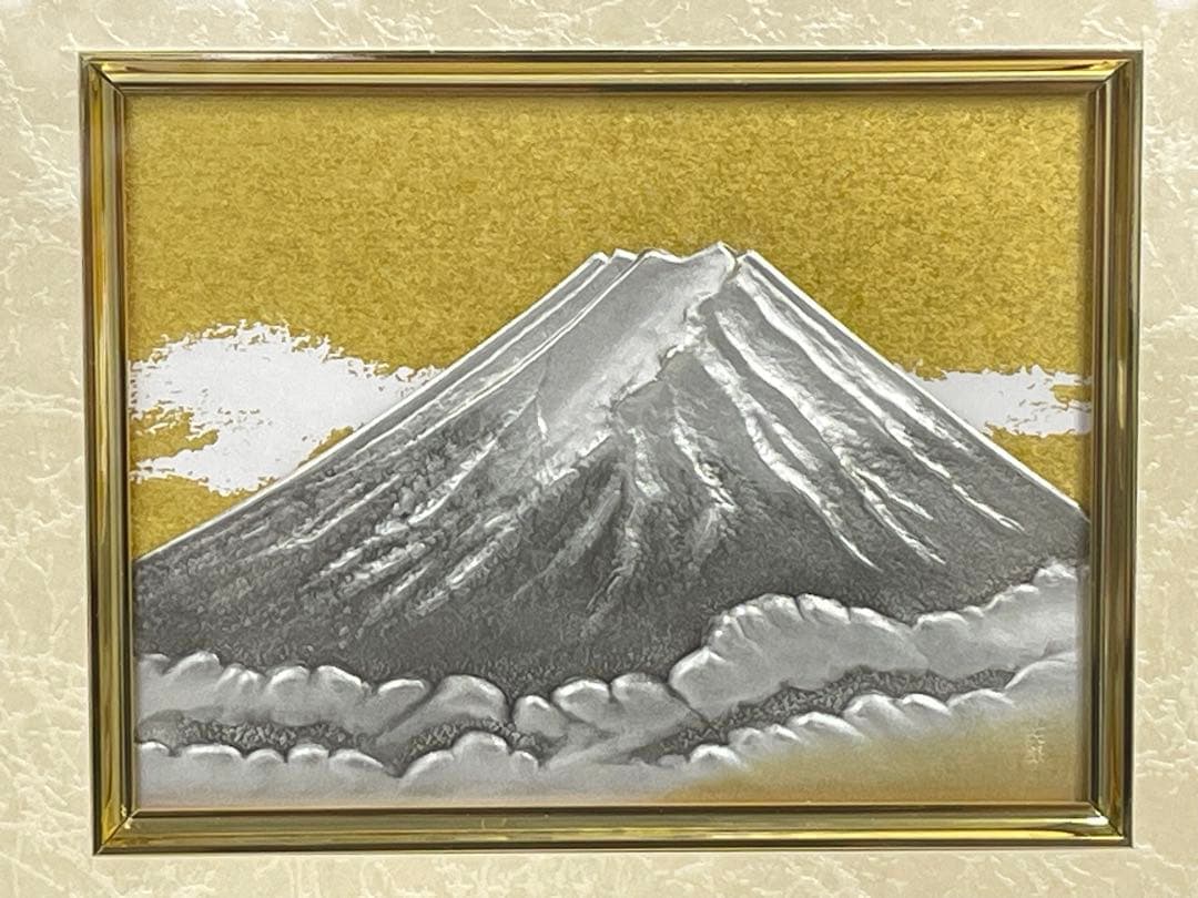 【TK】東京銀器 額 純銀 富士 金地 木製隅丸フレーム 3号 関工芸 純銀製