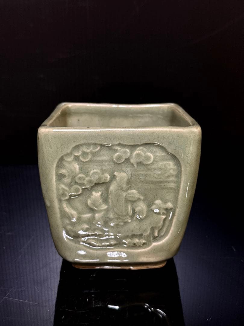 江戸期 三田焼 青磁 窓絵人物図 火入 灰器 茶道具