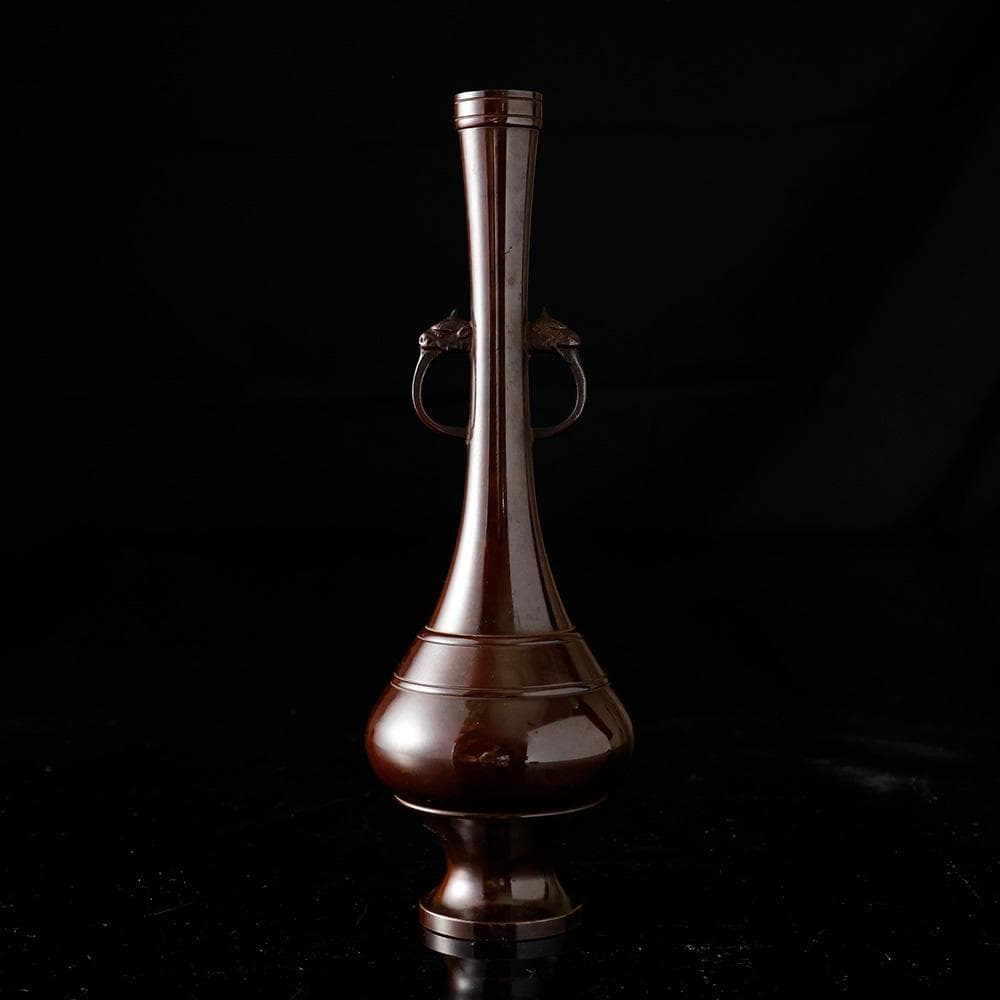 新品 伝統工芸作家 藤井宗喜 作 唐銅宝珠形龍耳花入 茶道具 共箱 黄布
