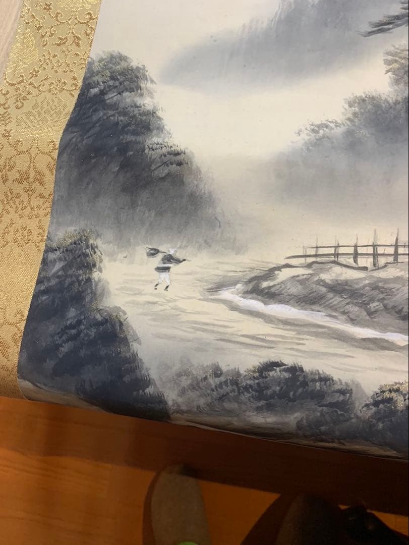 【共箱付】掛け軸 山水画 日本画 水車のある風景 ♪