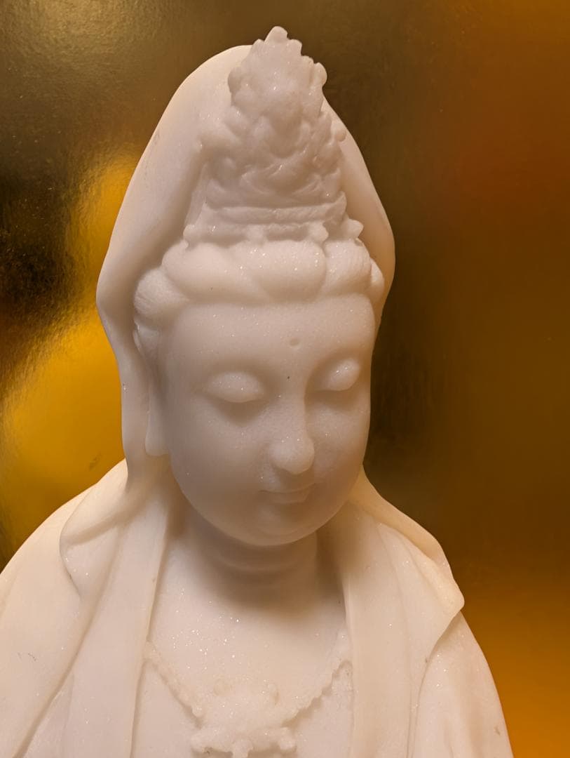 古美術　彫刻　石彫　大理石風　観音様　立像　木台付