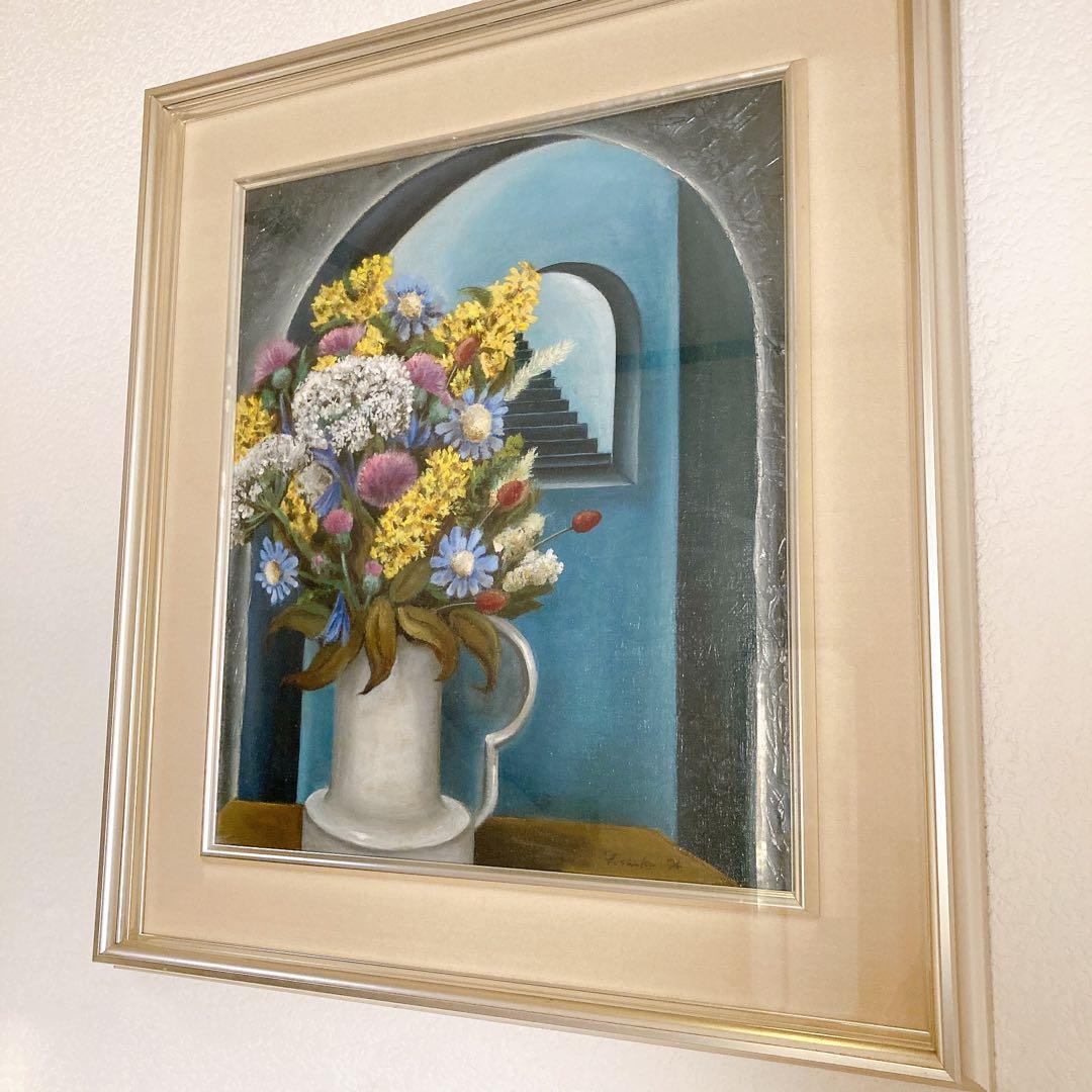 油絵　花　アンティーク　ヴィンテージ　油彩　インテリア　額縁　原画　一点物　作家