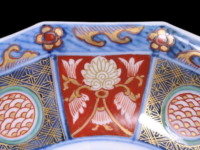大聖寺伊万里　金襴手　鳳凰に雲　花に青海波の図　八角膾皿　D737AS-fbsv