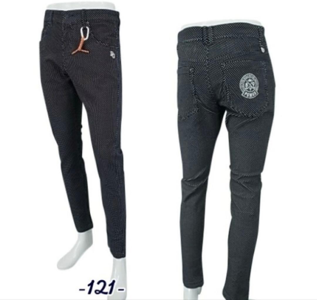 新品 パーリーゲイツ パワフルコットンストレッチ ドット柄 パンツ(5)L/黒