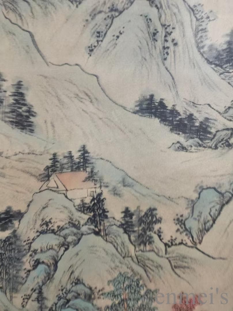 中国古美術.王原祁款.山水図.宣紙画.三尺手描き.肉筆.掛け軸.水墨画.文房置物