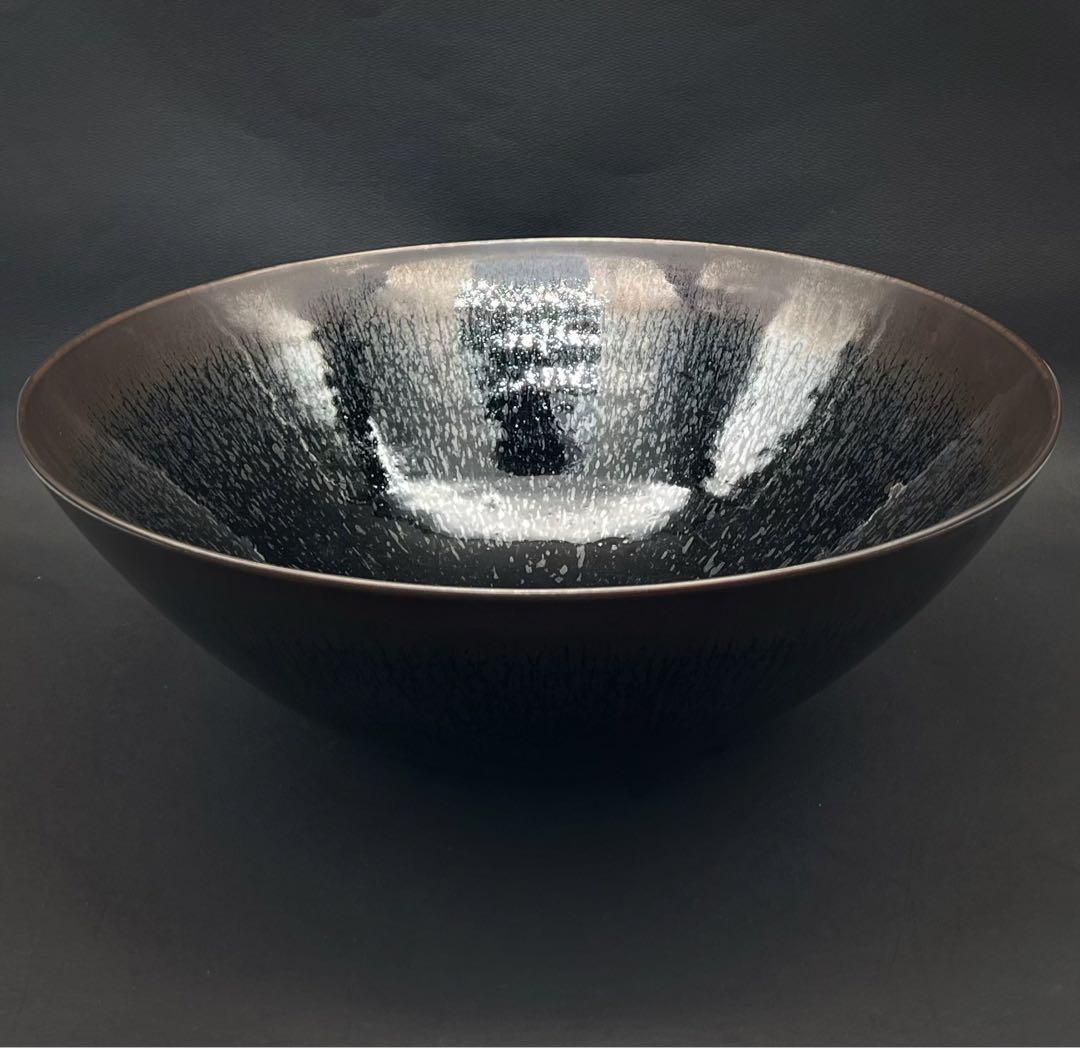 超大 天目釉鉢 茶碗 茶道具 梅染一美作 木箱付き 直徑41.5cm高さ15cm