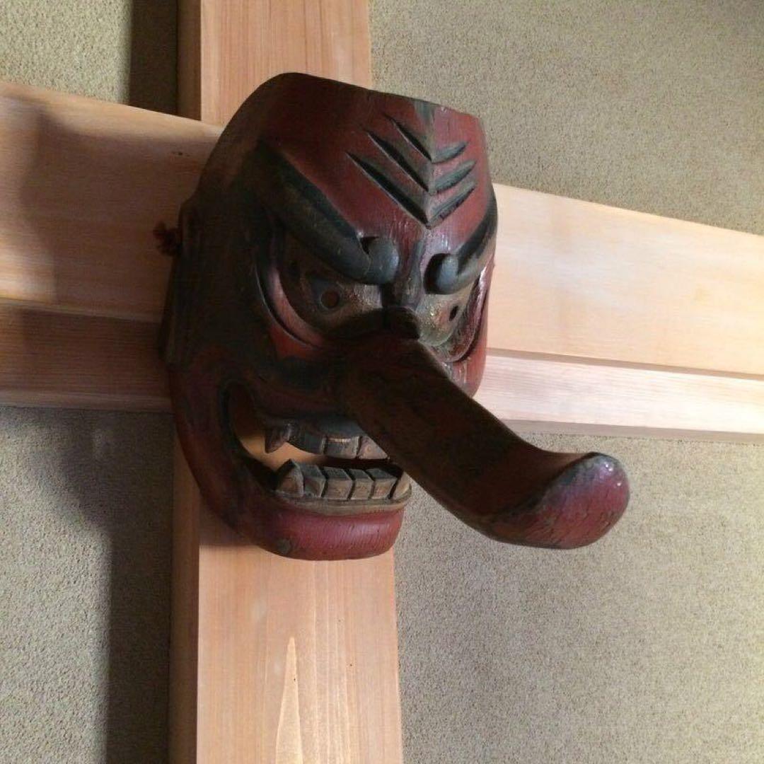 【江戸時代 天狗面】 木彫 猿田彦大神　魔除け　舞踏　神楽