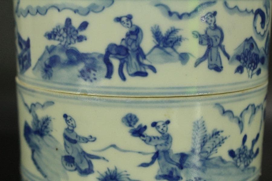 中国美術 青花 人物画 丸段重(LC827)