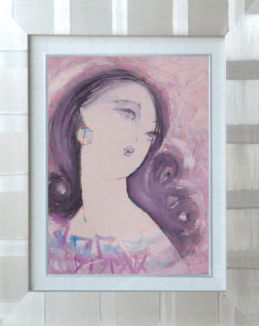 油絵 菅家令子 絵 絵画インテリア額付(青緑＋金色の枠) F6-082111女性