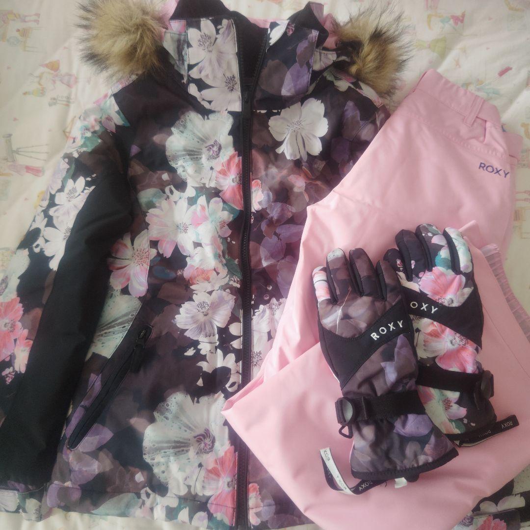 【美品】ROXY 花柄スキーウェア 手袋 セット 150cm