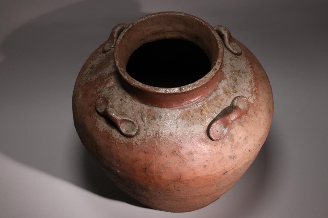 BE793 桃山期~江戸期　古信楽　四耳壷　四耳子　窯印　窯傷　壺　高37.5㎝