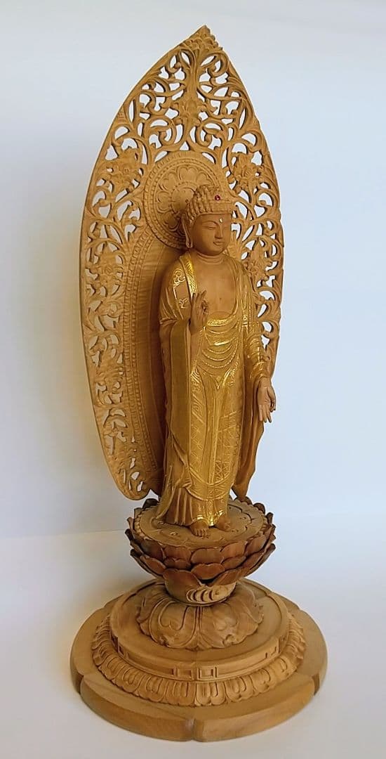 阿弥陀如来立像 5寸 #660 円台座 宝相華唐草 透彫り◆白檀 木彫 仏像